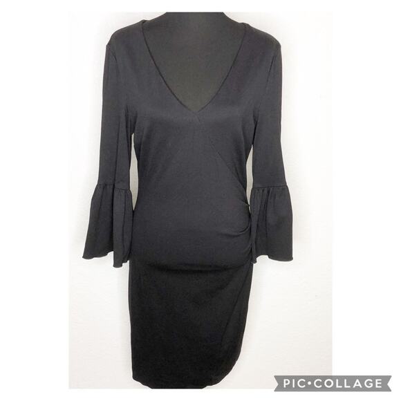 Nicole Miller Collection black bell sleeve rutched waist sheath dress size Large - Picture 1 of 15